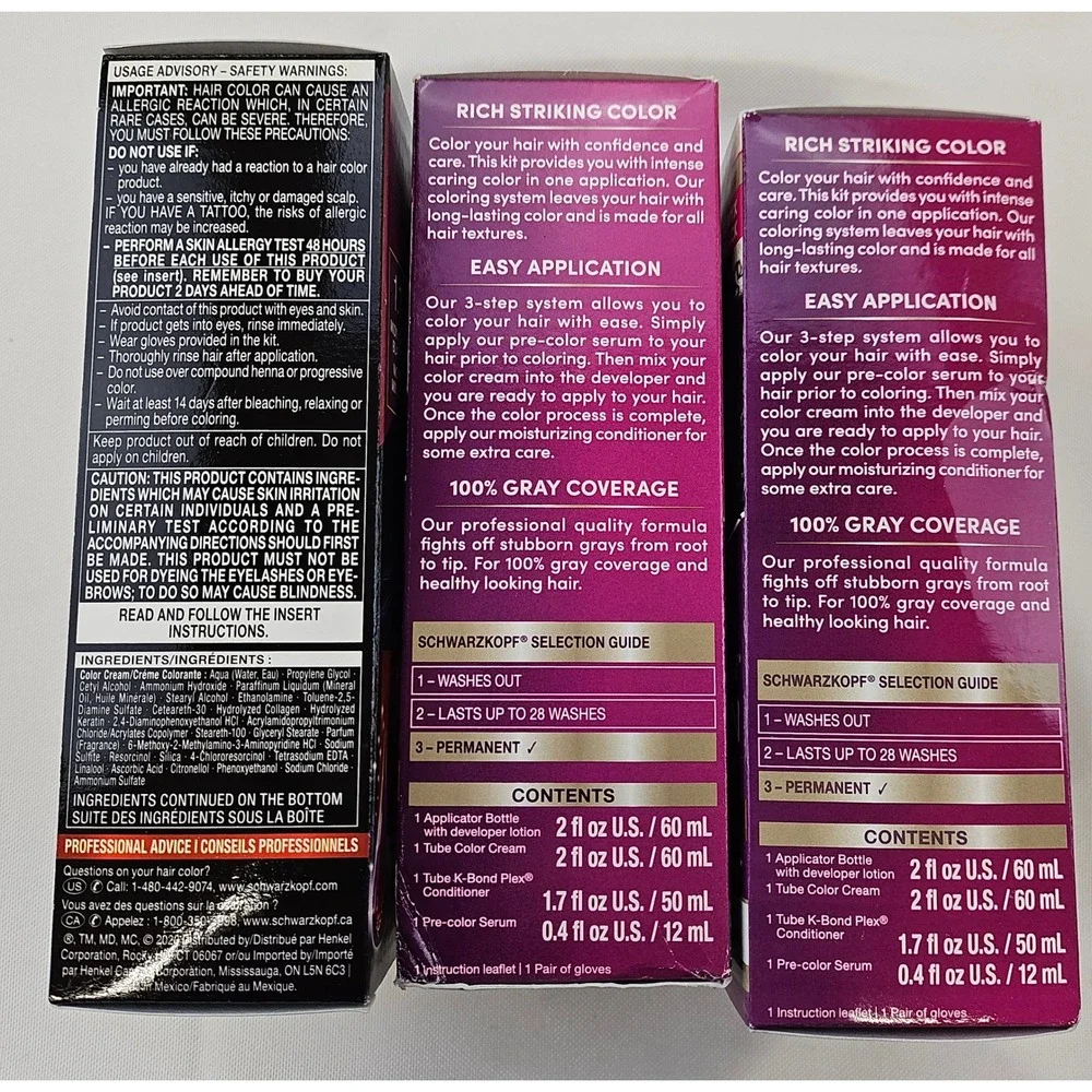 Schwarzkopf Keratin Color Permanent Hair Dye‎ Lot 3 Onyx Midnight Black Cocoa